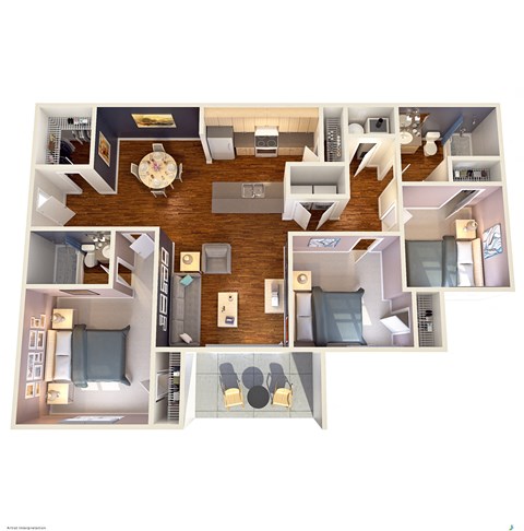 Floor plan for 3 beds, 2 baths, 1109 sqft
